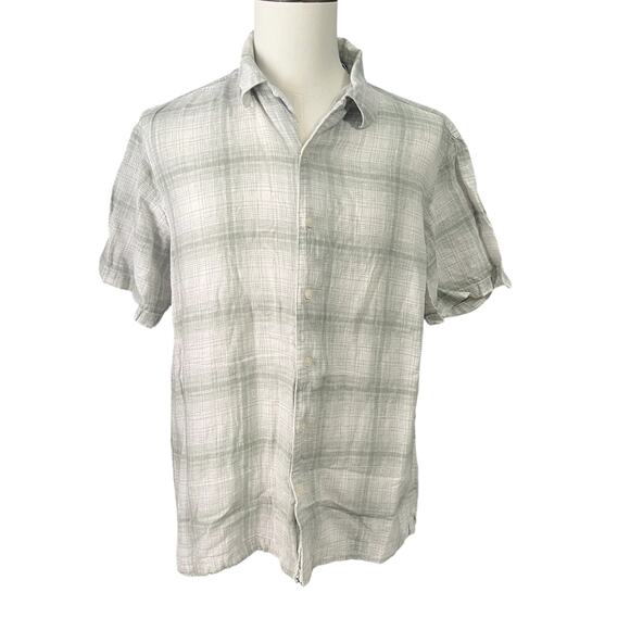 Haggar | Men's Green Cream Plaid Beachy Summer Washable Linen Shirt Sz L - Picture 2 of 4